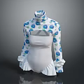 White Dress With Blue Floral Print High Neck Long Sleeves Ruffled Cuffs And Hem