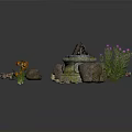 Artistic Carved Stone Sculpture With Mossy Base Stones And Decorative Plants