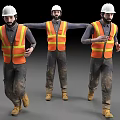 Construction Workers In White Hard Hats Orange Reflective Vests With Dirty Pants And Yellow Boots