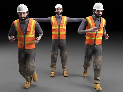 Construction Workers In White Hard Hats Orange Reflective Vests With Dirty Pants And Yellow Boots 3d model