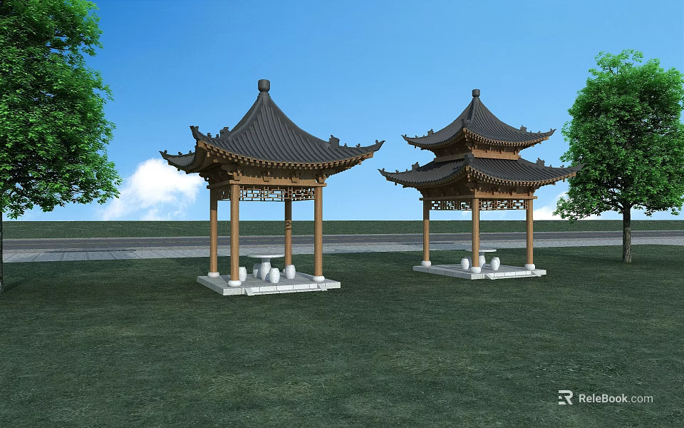 Traditional Chinese Garden Landscape With Two Wooden Pavilions Green Grass And Trees 3d model 
