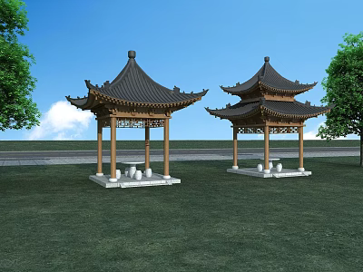 Traditional Chinese Garden Landscape With Two Wooden Pavilions Green Grass And Trees 3d model