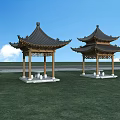 Traditional Chinese Garden Landscape With Two Wooden Pavilions Green Grass And Trees