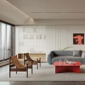 Modern Living Room Interior With Gray Sofa Red Coffee Table Wooden Chairs And Decorative Painting