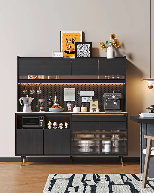 Modern Sideboard with Coffee Machine Glassware Sunflower Decorations Drawers and Cabinets in Stylish Kitchen Setup 3d model 