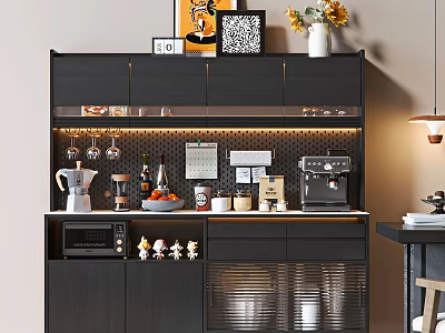 Modern Sideboard with Coffee Machine Glassware Sunflower Decorations Drawers and Cabinets in Stylish Kitchen Setup 3d model