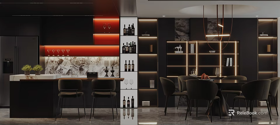 Modern Restaurant Interior With Dark Furniture Wine Racks Elegant Lighting And Dining Tables 3d model 