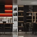 Modern Restaurant Interior With Dark Furniture Wine Racks Elegant Lighting And Dining Tables