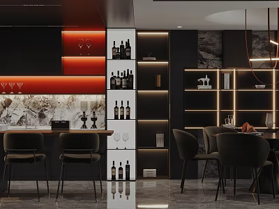 Modern Restaurant Interior With Dark Furniture Wine Racks Elegant Lighting And Dining Tables 3d model