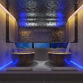 Luxurious SPA Sauna Interior With Wooden Ceiling Massage Chairs And Ambient Lighting