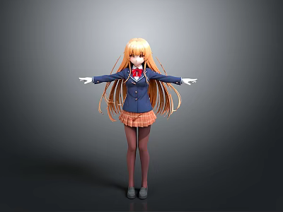 Anime Character With Blonde Long Hair Blue Blazer Plaid Skirt And Knee High Socks 3d model
