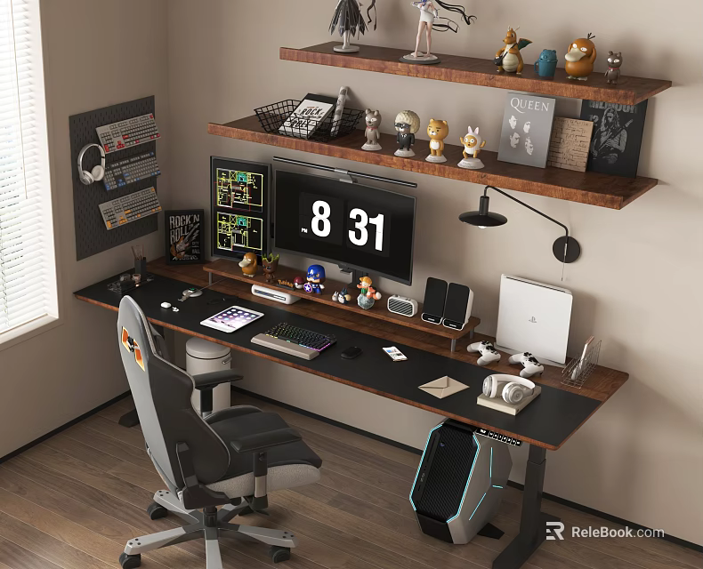 Gaming Entertainment Room With Desk Monitors And Shelves 3d model 