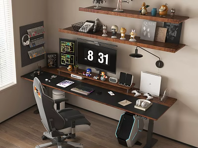 Gaming Entertainment Room With Desk Monitors And Shelves 3d model