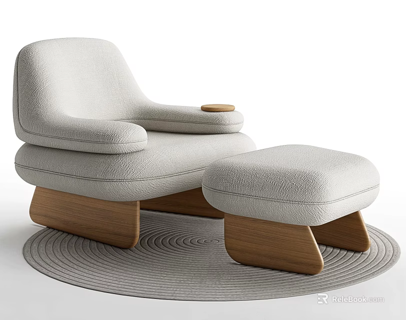 Light Gray Upholstered Armchair With Wooden Legs And Matching Ottoman On Woven Rug 3d model 