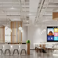 Modern Restaurant Interior With White Chairs Wooden Tables And Round Pendant Lights