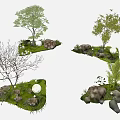 Small Garden Landscaping Elements With Various Trees Rocks and Lush Green Grass 3d model