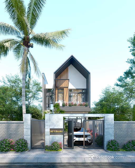 Modern Single Family House With Palm Trees Wooden Facade Front Gate And Green Plants 3d model 