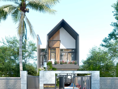 Modern Single Family House With Palm Trees Wooden Facade Front Gate And Green Plants 3d model