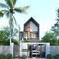 Modern Single Family House With Palm Trees Wooden Facade Front Gate And Green Plants
