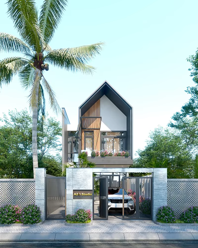 Modern Single Family House With Palm Trees Wooden Facade Front Gate And Green Plants 3d model
