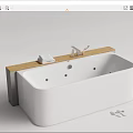 Modern Freestanding White Bathtub With Wooden Top Towels Slippers And Faucet