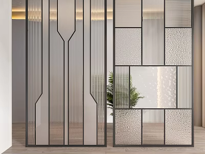 Modern Glass Partition With Geometric Design And Black Frame In Interior Space 3d model