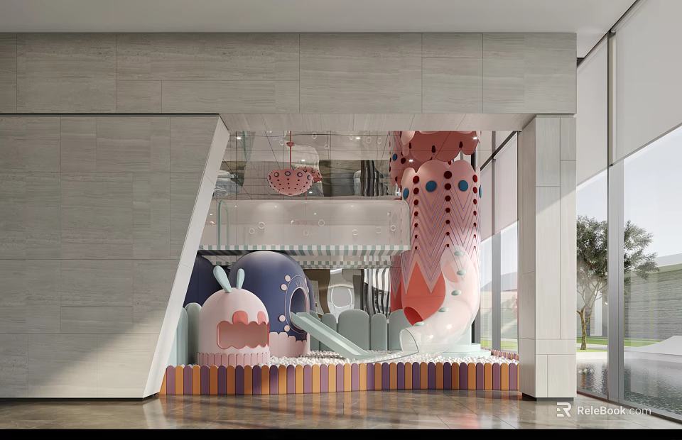 Colorful Indoor Kids Play Space With Rabbit Shaped Slide And Dot Decorations 3d model 