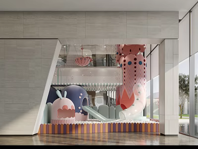 Colorful Indoor Kids Play Space With Rabbit Shaped Slide And Dot Decorations 3d model