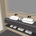 Modern Bathroom Vanity with Double White Sinks Large Mirror Towels and Toiletries