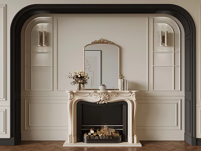 Elegant Fireplace Interior With White Paneled Walls Mirror And Wall Sconces 3d model