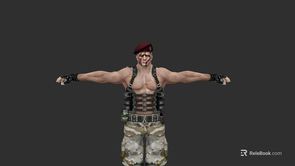 Shirtless Game Character With Red Beret Straps Camouflage Shorts And Arms Outstretched 3d model 