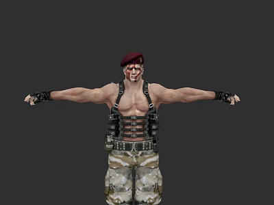 Shirtless Game Character With Red Beret Straps Camouflage Shorts And Arms Outstretched 3d model