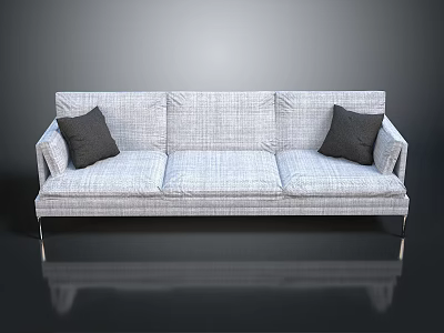 Modern Gray Linen Fabric Three Seater Sofa With Dark Accent Pillows And Metal Legs 3d model