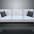 Modern Gray Linen Fabric Three Seater Sofa With Dark Accent Pillows And Metal Legs