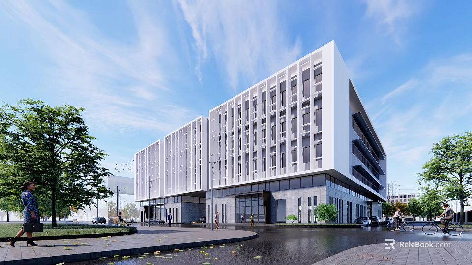 Modern White Office Building Facade With Glass Windows And Urban Greenery 3d model 