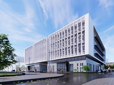 Modern White Office Building Facade With Glass Windows And Urban Greenery 3d model