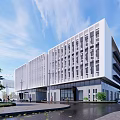 Modern White Office Building Facade With Glass Windows And Urban Greenery