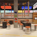 Hot Pot Restaurant Interior Featuring Korean Signboards Barrel Stools and Yellow Floor Lines
