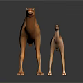 Brown Adult Camel With Baby Camel Standing On Dark Background With Reflection