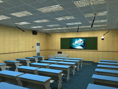 School Classroom Interior With Desks Projector Screen Wooden Walls And Ceiling Lights 3d model
