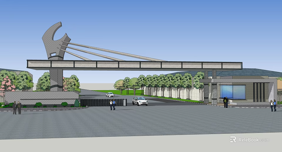 Modern Entrance Gate Featuring Unique Curved Top Structure Vehicles Pedestrians And Trees 3d model 