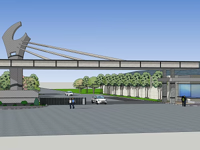 Modern Entrance Gate Featuring Unique Curved Top Structure Vehicles Pedestrians And Trees 3d model