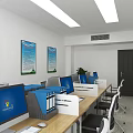 Bright Public Office Space With Long Tables Computers Office Chairs Windows And Wall Posters 3d model