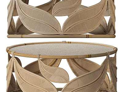 Natural Rattan Coffee Table with Leaf Shaped Design and Round Woven Tabletop 3d model