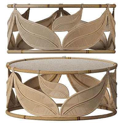 Natural Rattan Coffee Table with Leaf Shaped Design and Round Woven Tabletop 3d model