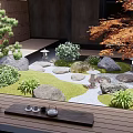 Traditional Japanese Courtyard Garden with Pine Maple Trees Stone Lanterns and Wooden Platform