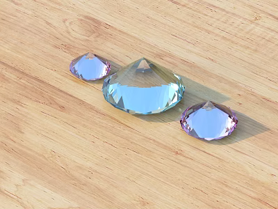 Large Central Transparent Blue And Two Smaller Pink Gems On Wooden Surface 3d model