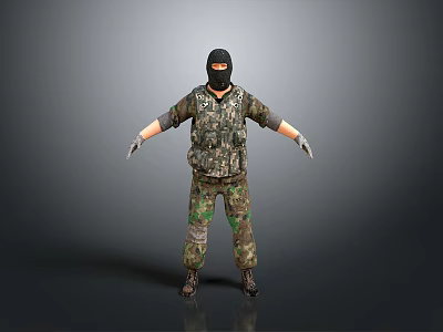 3D Character in Camouflage Uniform Black Balaclava Standing Arms Outstretched Gray Background 3d model