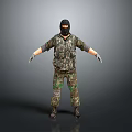 3D Character in Camouflage Uniform Black Balaclava Standing Arms Outstretched Gray Background 3d model