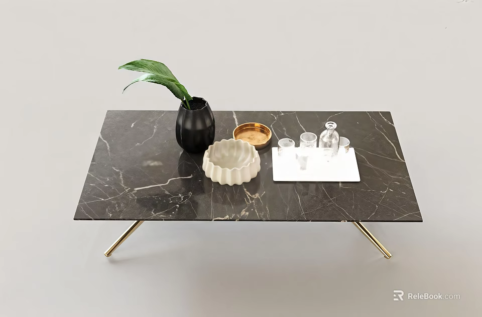 Elegant Coffee Table With Black Marble Top Golden Legs And Decorative Vase Tray Bowl Glasses 3d model 
